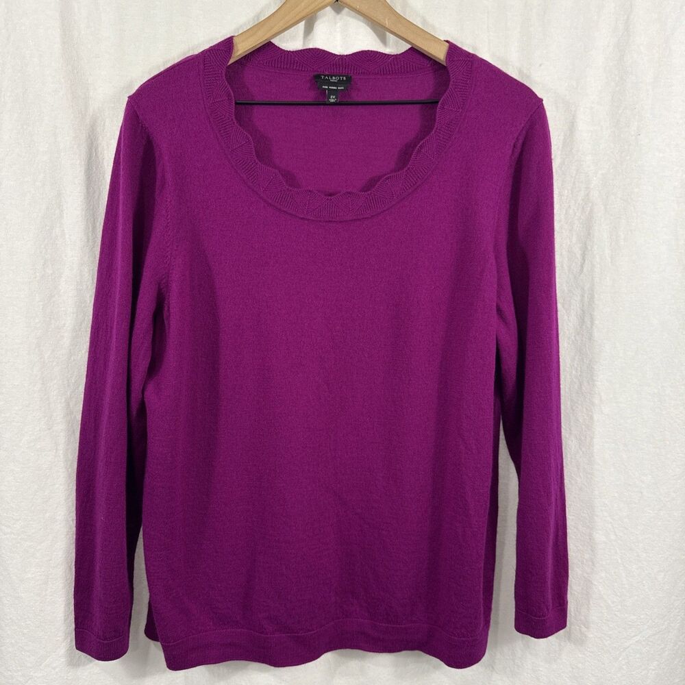 Talbots Perfect Merino Sweater Fuchsia Pink Scalloped Top Womens Sz 2X Career